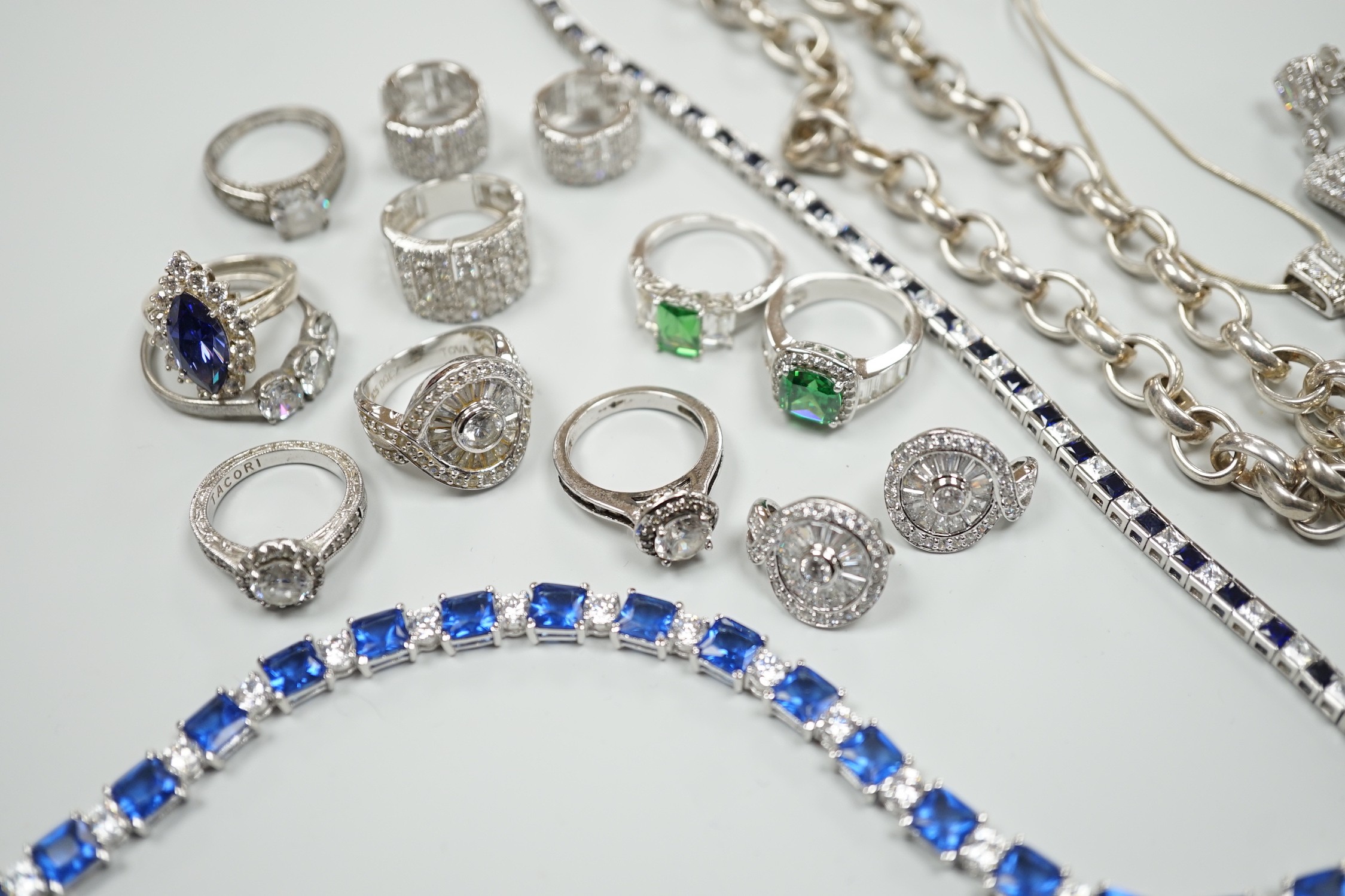 A group of assorted mainly 925 and cubic zirconia set jewellery including rings, earrings bracelet etc. and a 925 necklace.